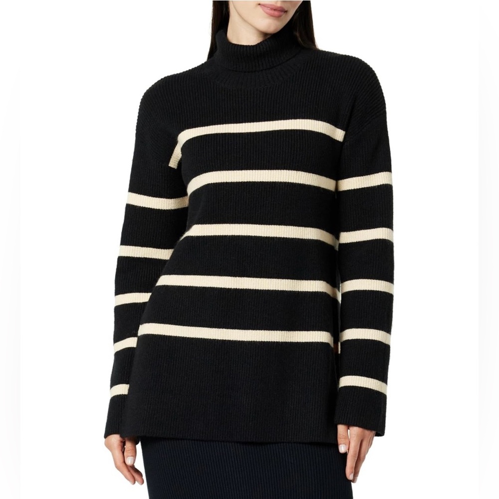 The Drop | Women’s Camilla Drop Shoulder Black Cream Striped Turtleneck S NWT